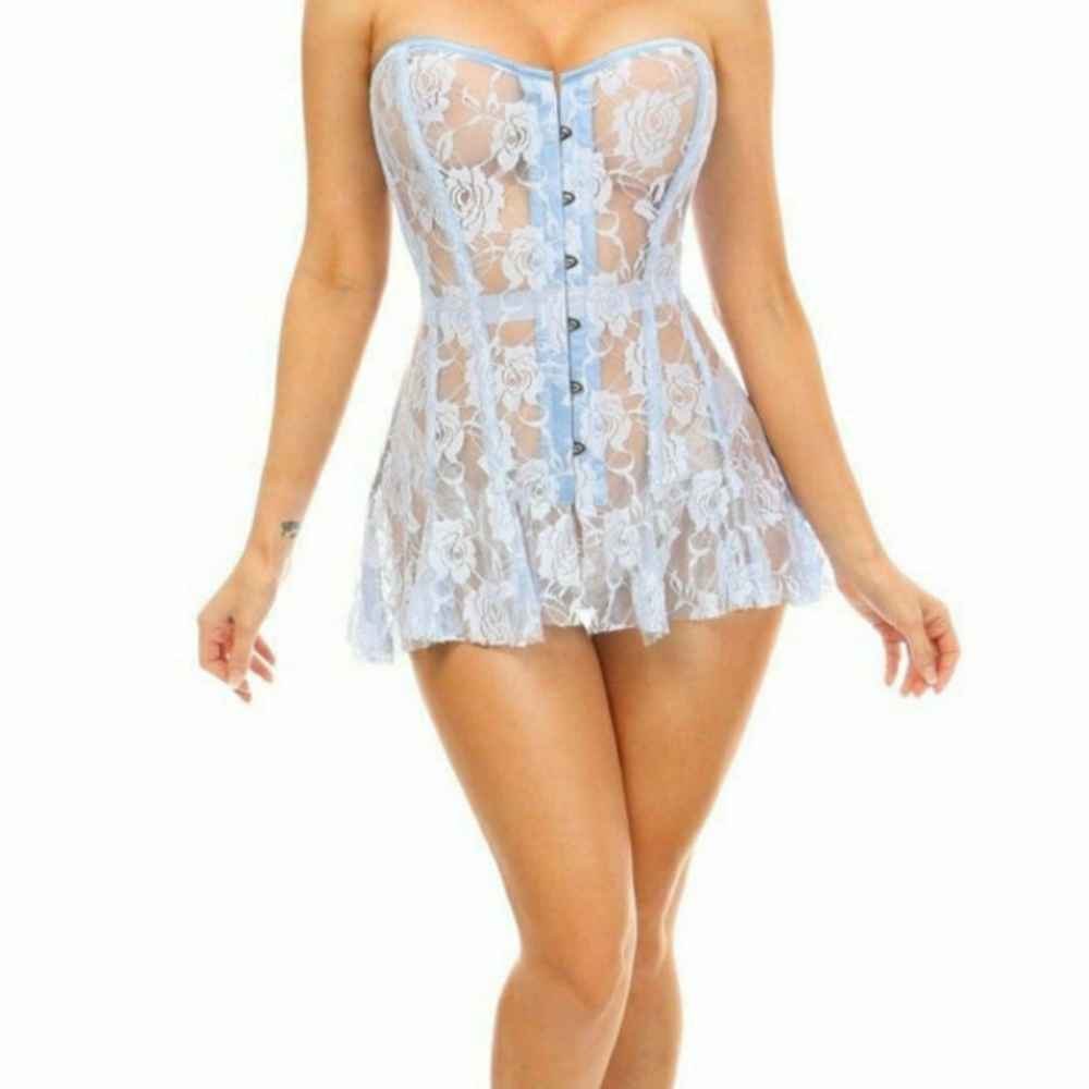 L M 28"-31" Lavish Baby Blue Sheer Lace Honeymoon Lingerie Corset Mini Dress - Picture 4 of 4